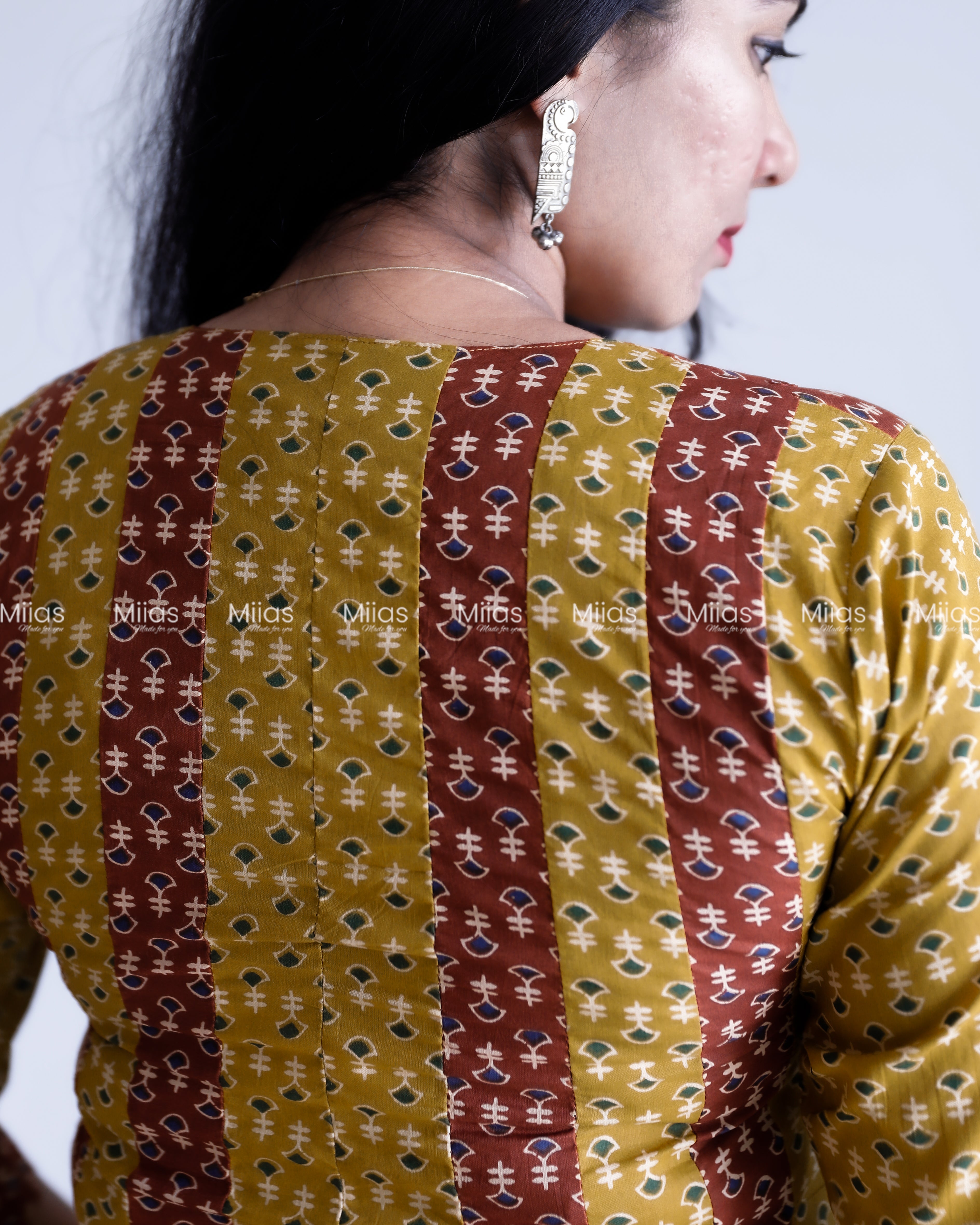 Cotton Panel Kurti | Ajrakh 2-Tone + Mirror Yoke + Border | Yellow & Brown