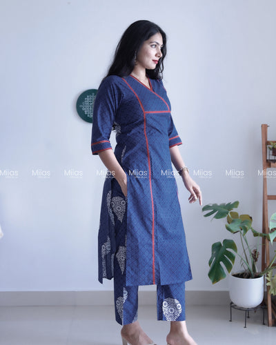 South Cotton Co-ord Set | Dual-Print Top + Matching Bottoms | Blue