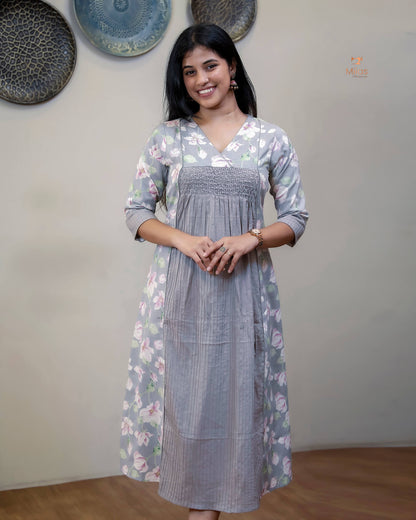 Cotton Kurti | Printed & Pintuck Panels with Smocking