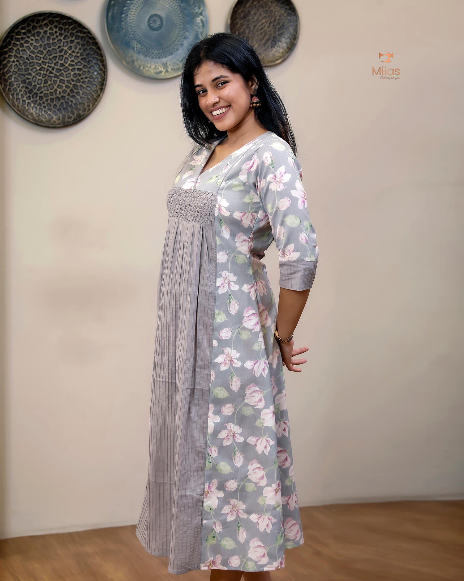 Cotton Kurti | Printed & Pintuck Panels with Smocking