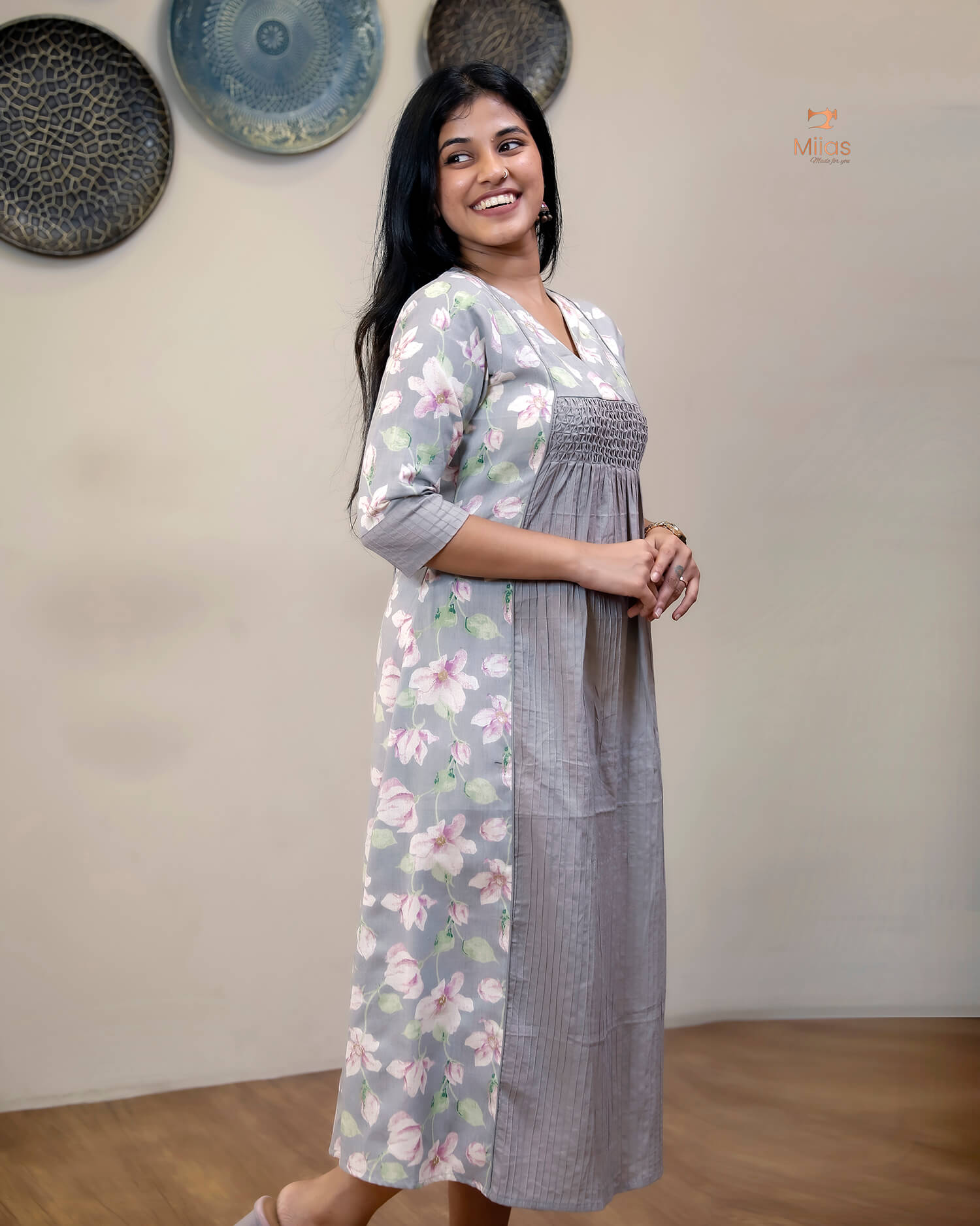 Cotton Kurti | Printed & Pintuck Panels with Smocking