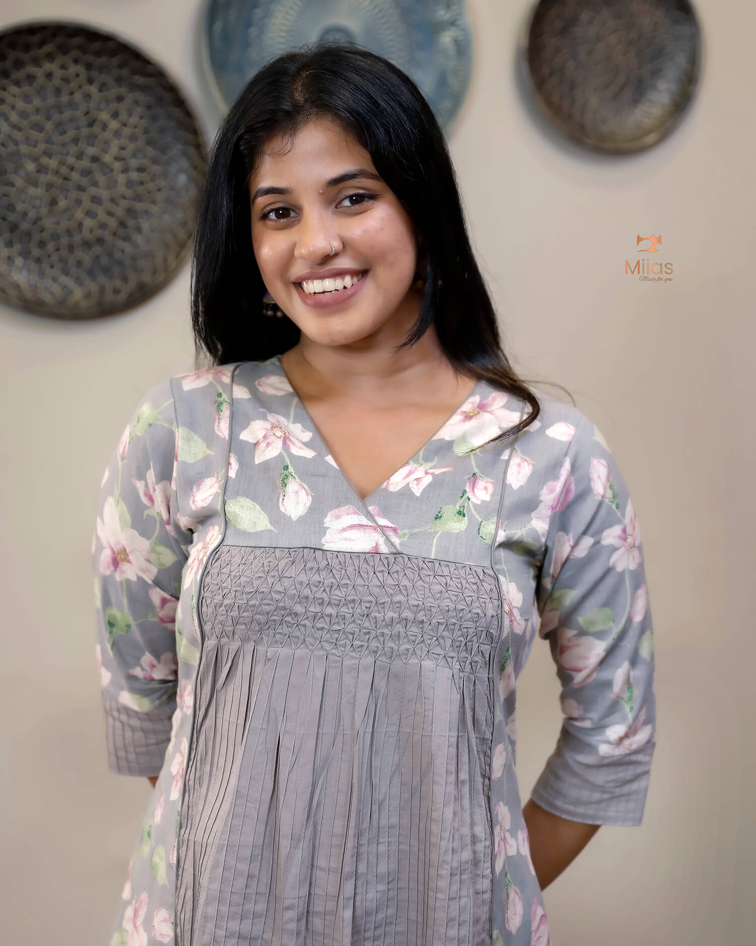 Cotton Kurti | Printed & Pintuck Panels with Smocking