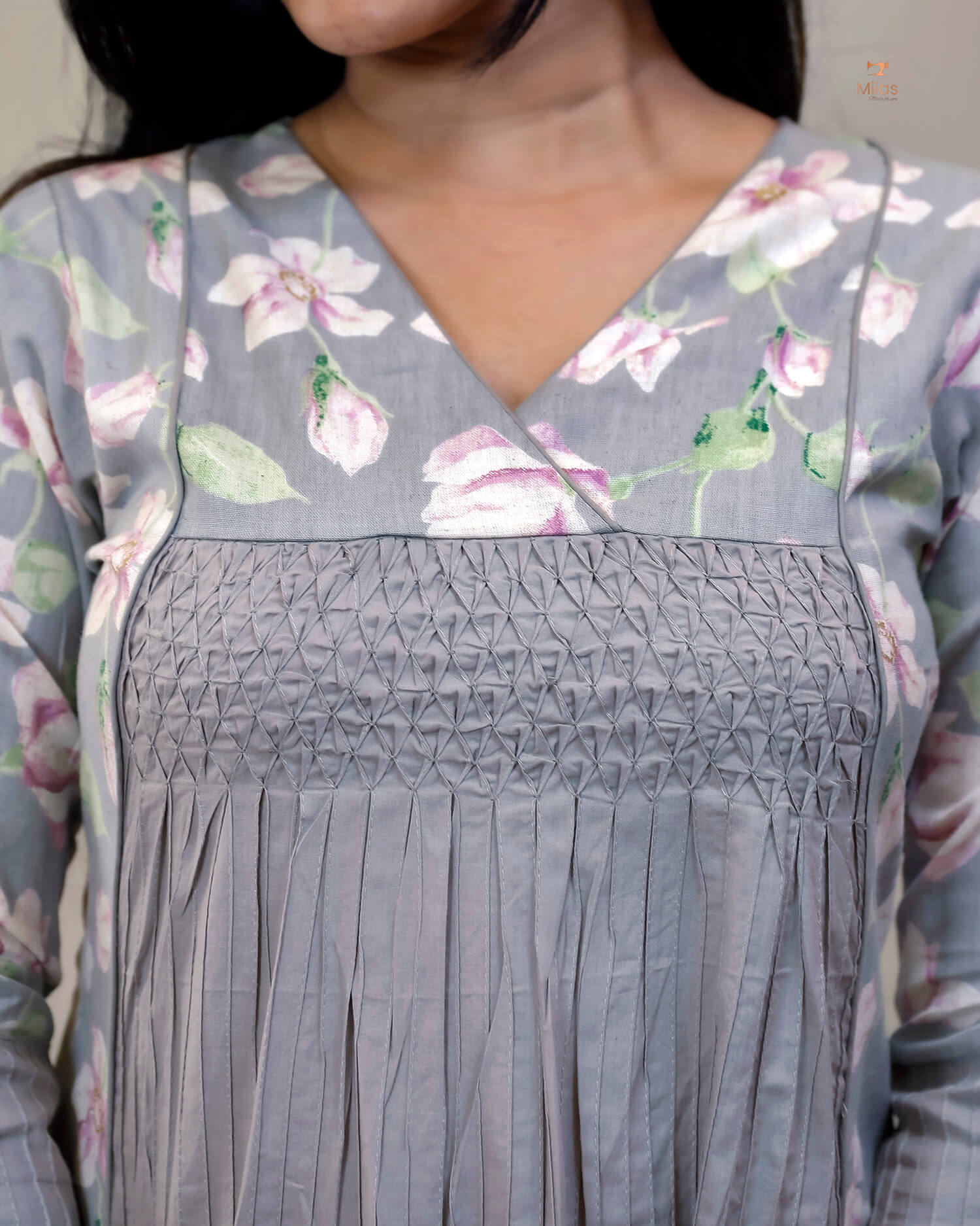 Cotton Kurti | Printed & Pintuck Panels with Smocking