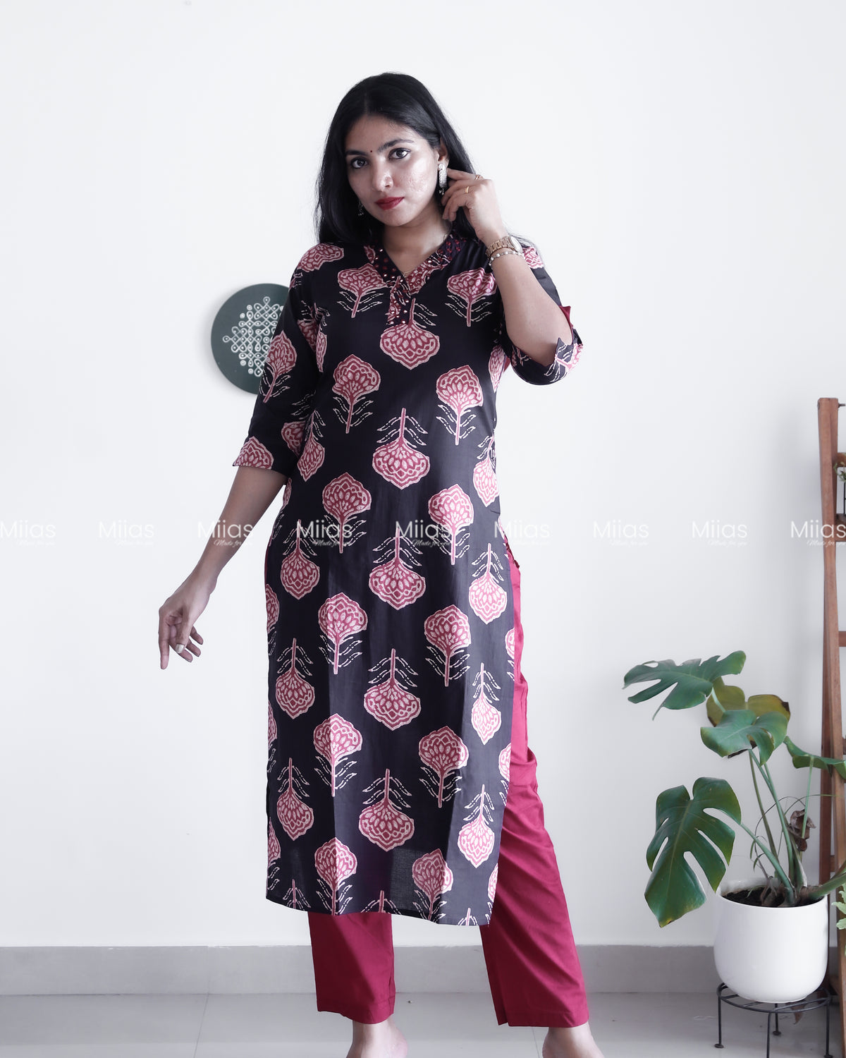 Cotton Co-ord Set | Ajrakh Mirror Top + Slit Sleeves | Black
