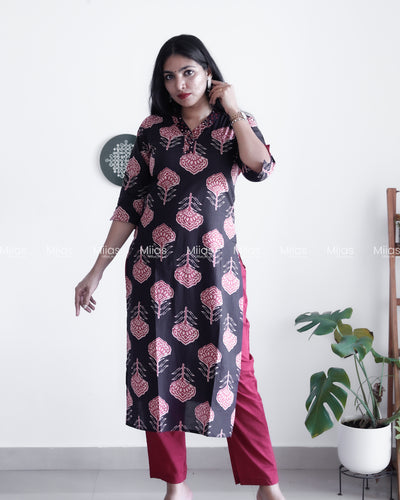 Cotton Co-ord Set | Ajrakh Mirror Top + Slit Sleeves | Black