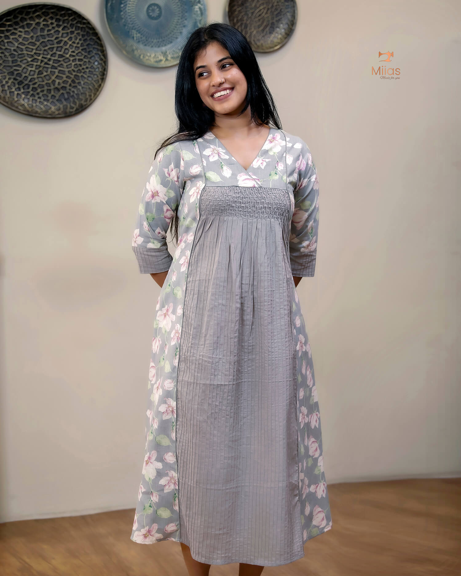 Cotton Kurti | Printed & Pintuck Panels with Smocking