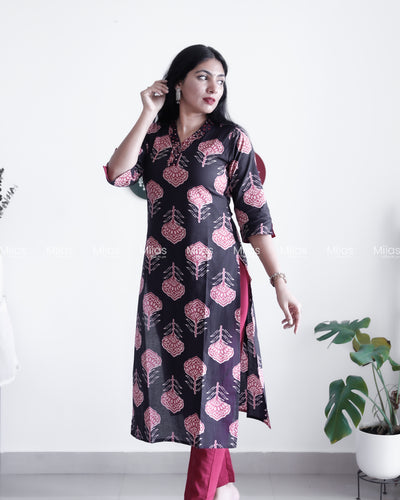 Cotton Co-ord Set | Ajrakh Mirror Top + Slit Sleeves | Black