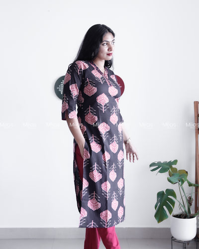 Cotton Co-ord Set | Ajrakh Mirror Top + Slit Sleeves | Black