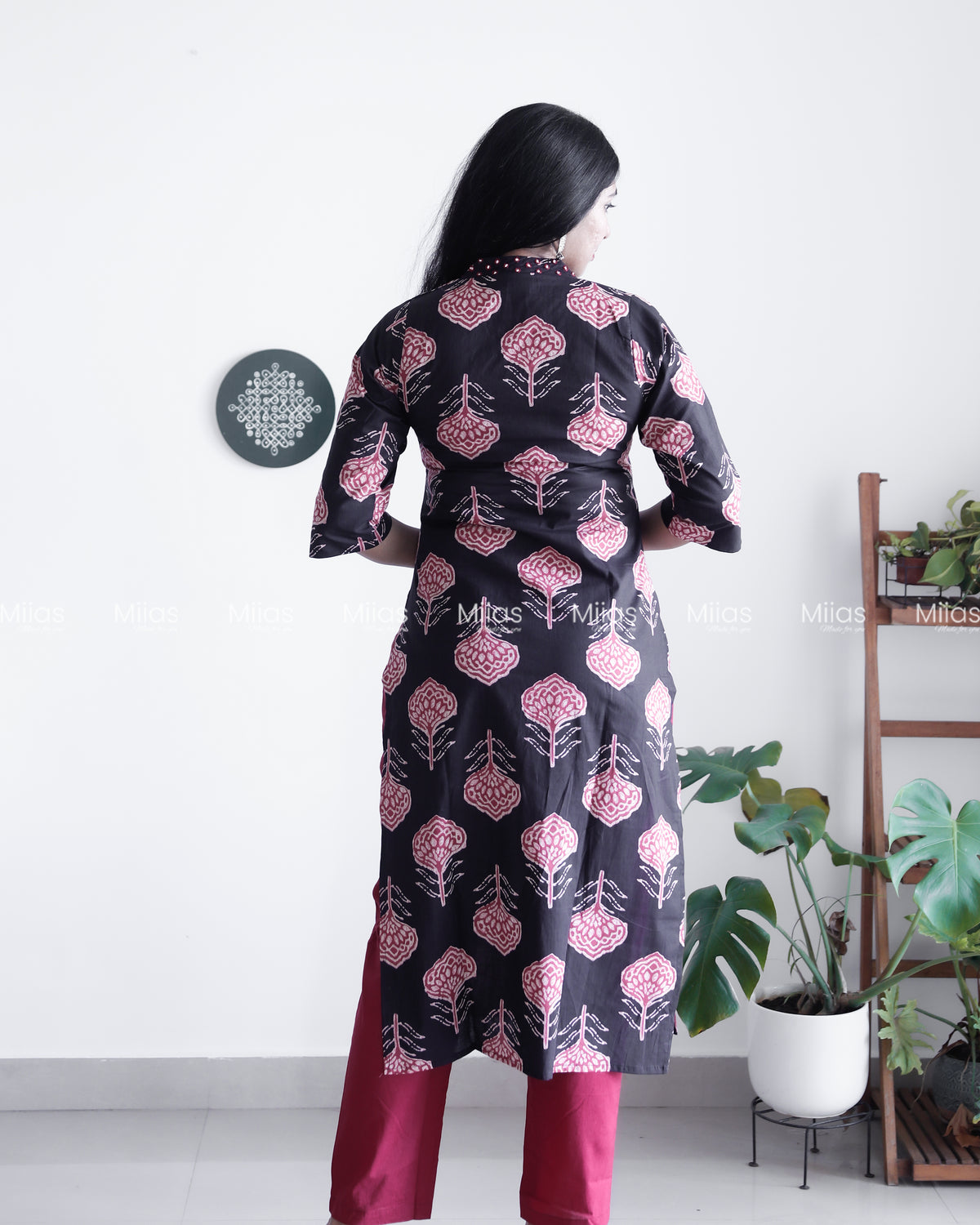 Cotton Co-ord Set | Ajrakh Mirror Top + Slit Sleeves | Black