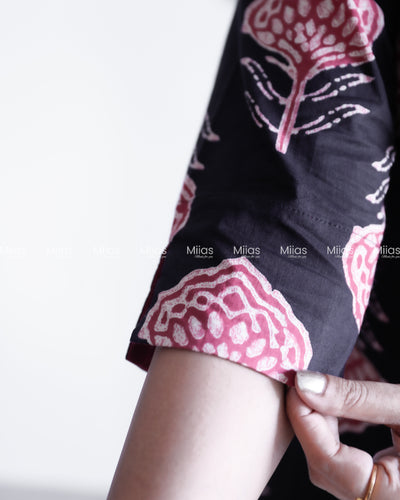 Cotton Co-ord Set | Ajrakh Mirror Top + Slit Sleeves | Black