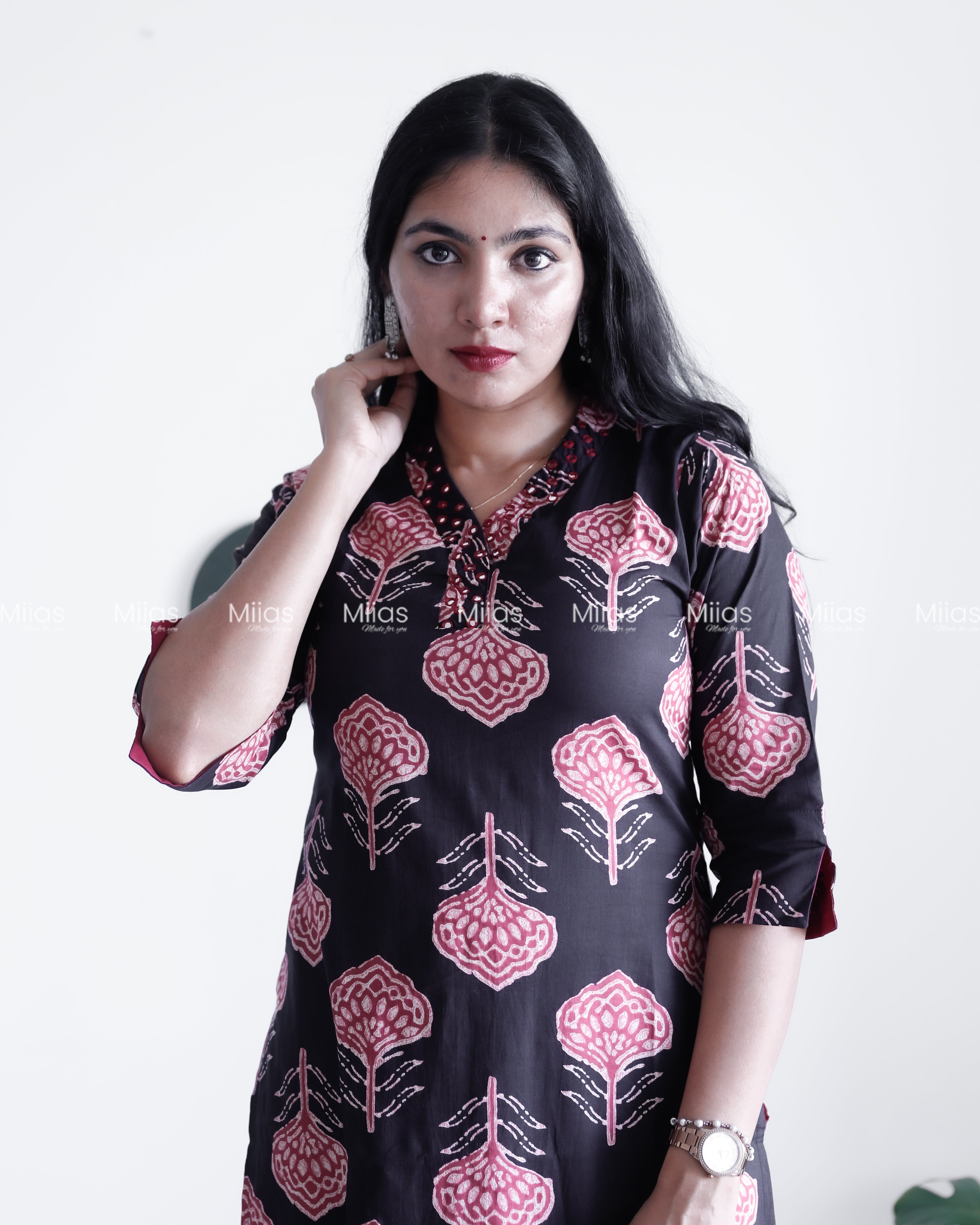 Cotton Co-ord Set | Ajrakh Mirror Top + Slit Sleeves | Black