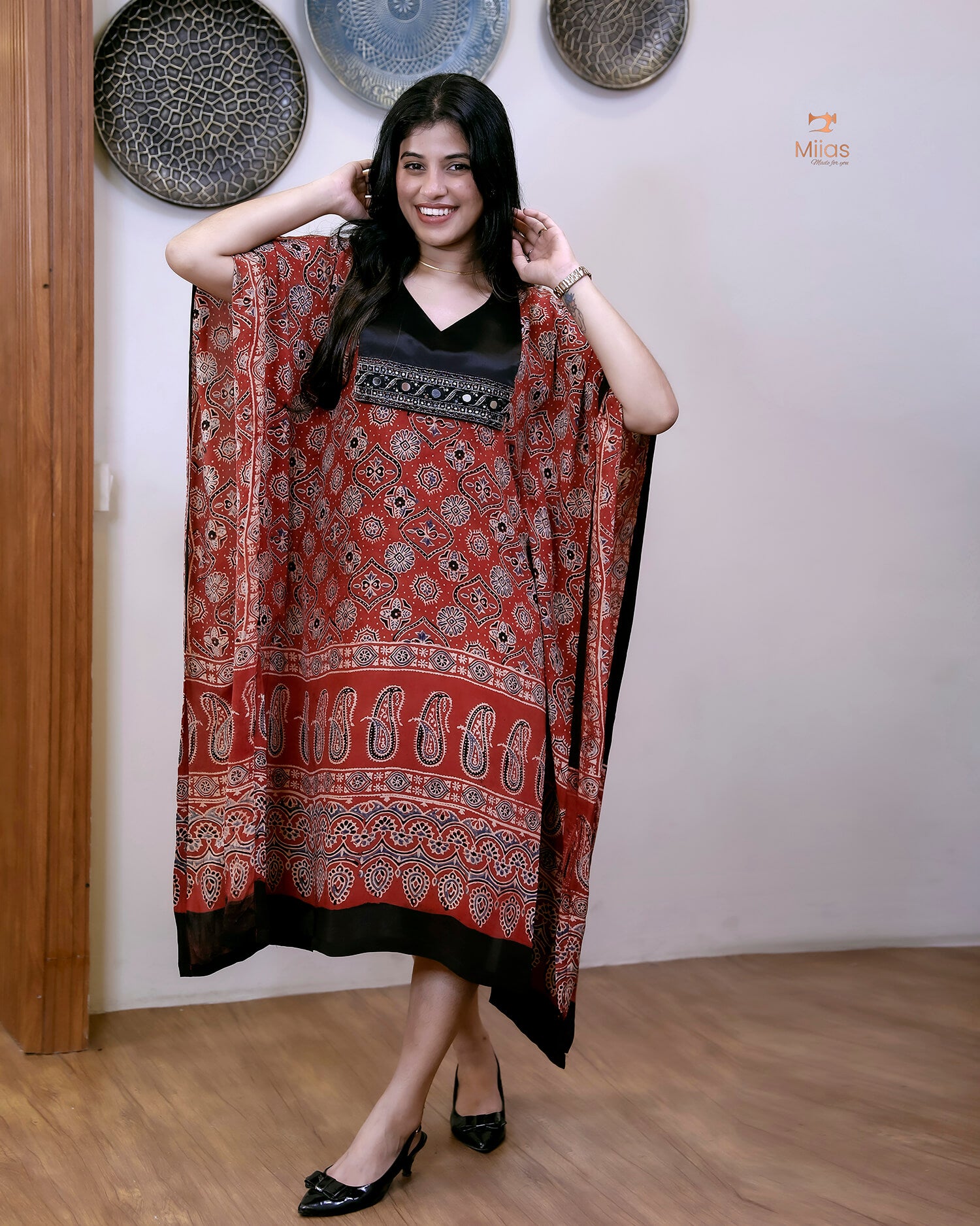 Modal Silk Kaftan with Bead & Mirror Work-Brick Red