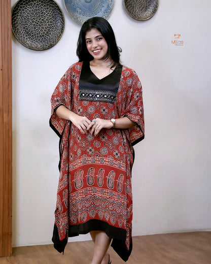 Modal Silk Kaftan with Bead & Mirror Work-Brick Red