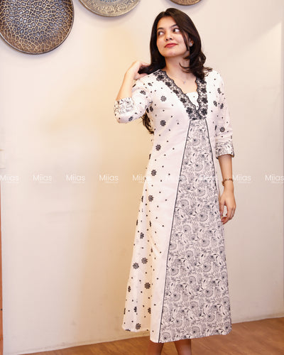 Kora Cotton Dress Kurti | Thread Work + Overlap V-Neck | Off-White