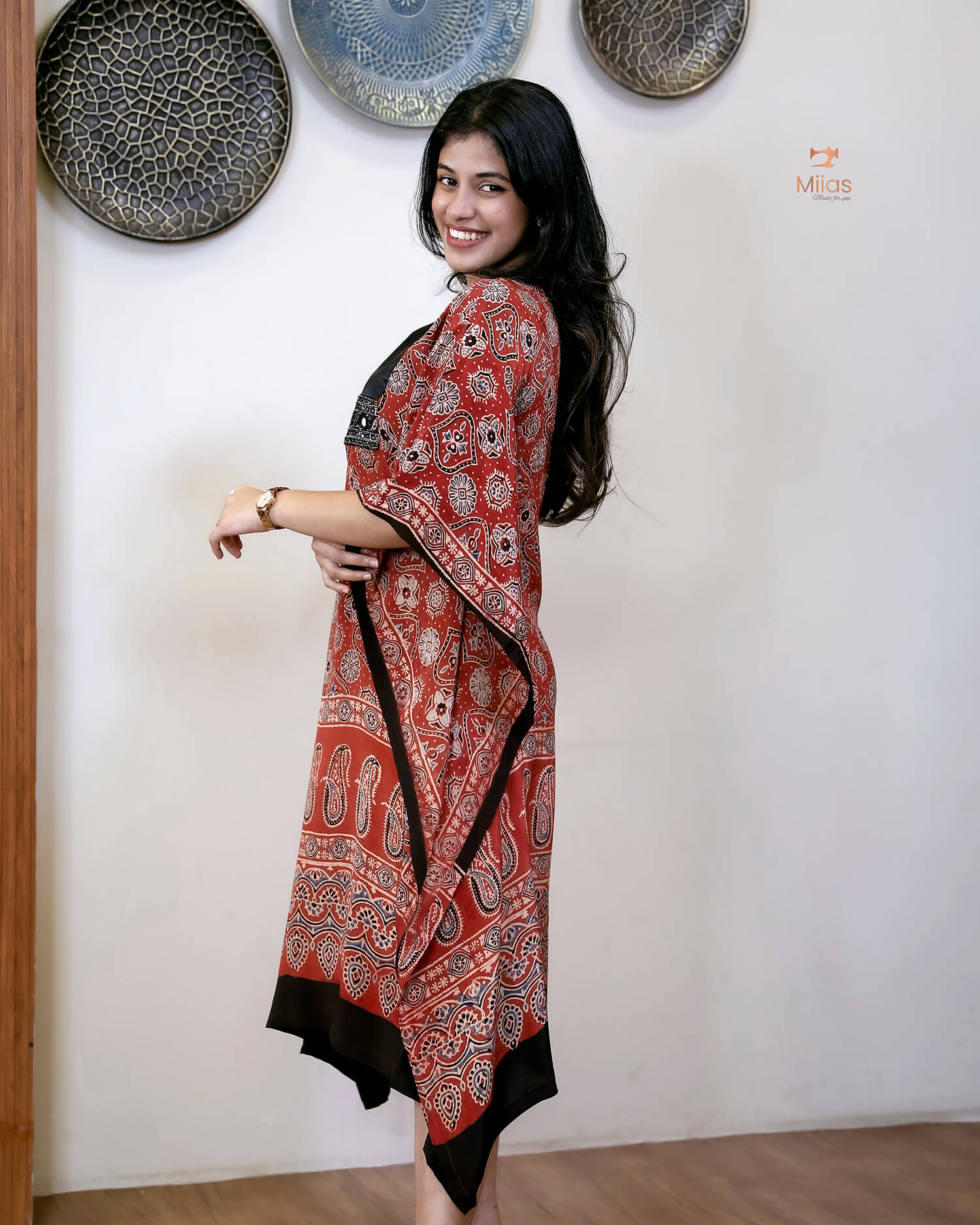 Modal Silk Kaftan with Bead & Mirror Work-Brick Red