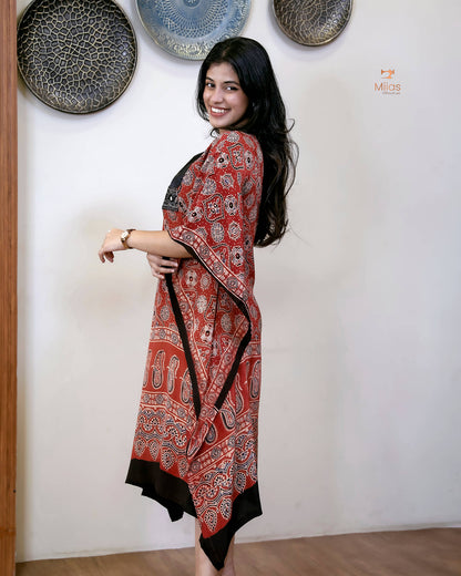 Modal Silk Kaftan with Bead & Mirror Work-Brick Red