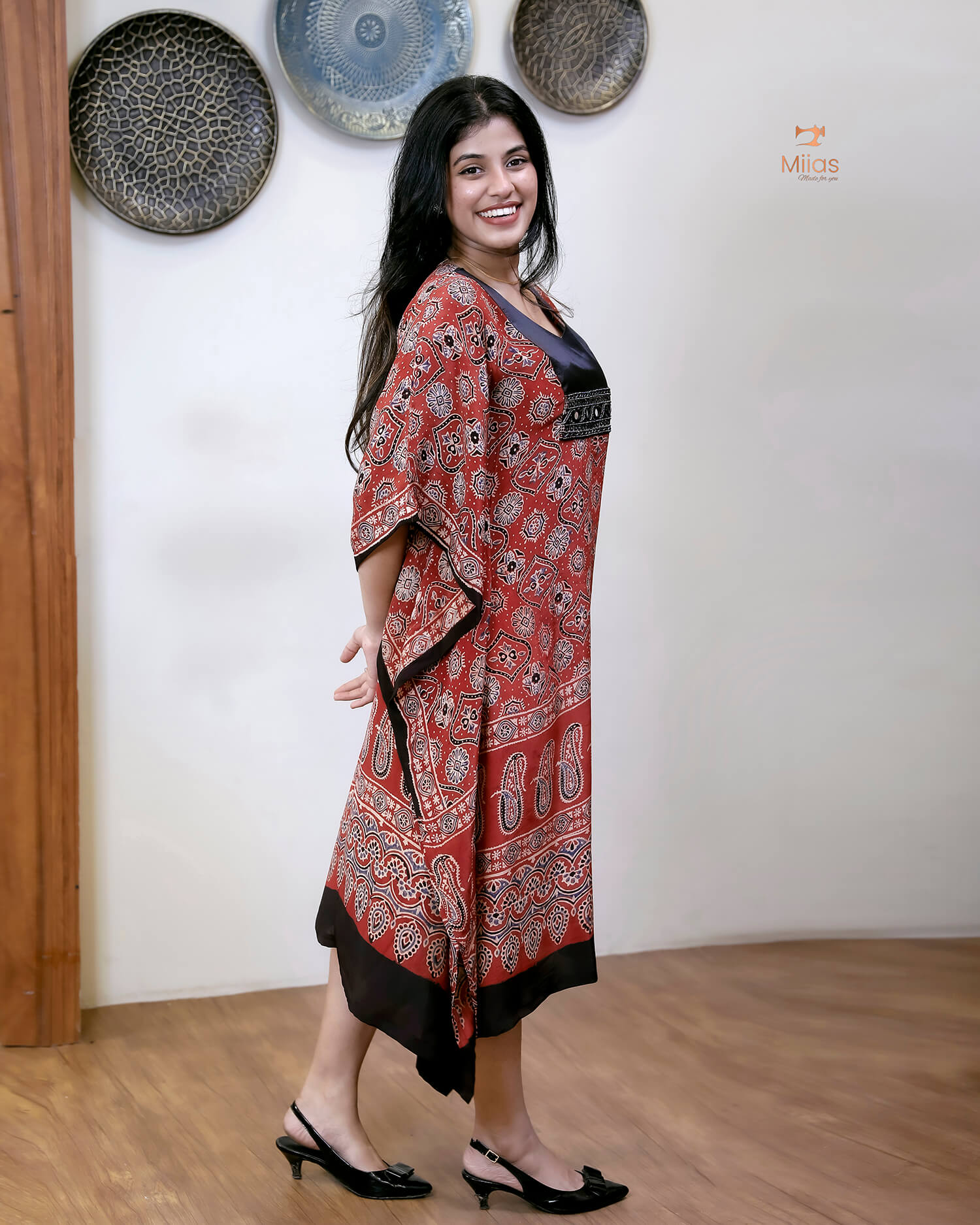 Modal Silk Kaftan with Bead & Mirror Work-Brick Red