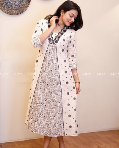 Kora Cotton Dress Kurti | Thread Work + Overlap V-Neck | Off-White