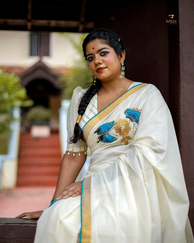 Kerala Cotton Saree & Unstitched Blouse-Onam 2025
