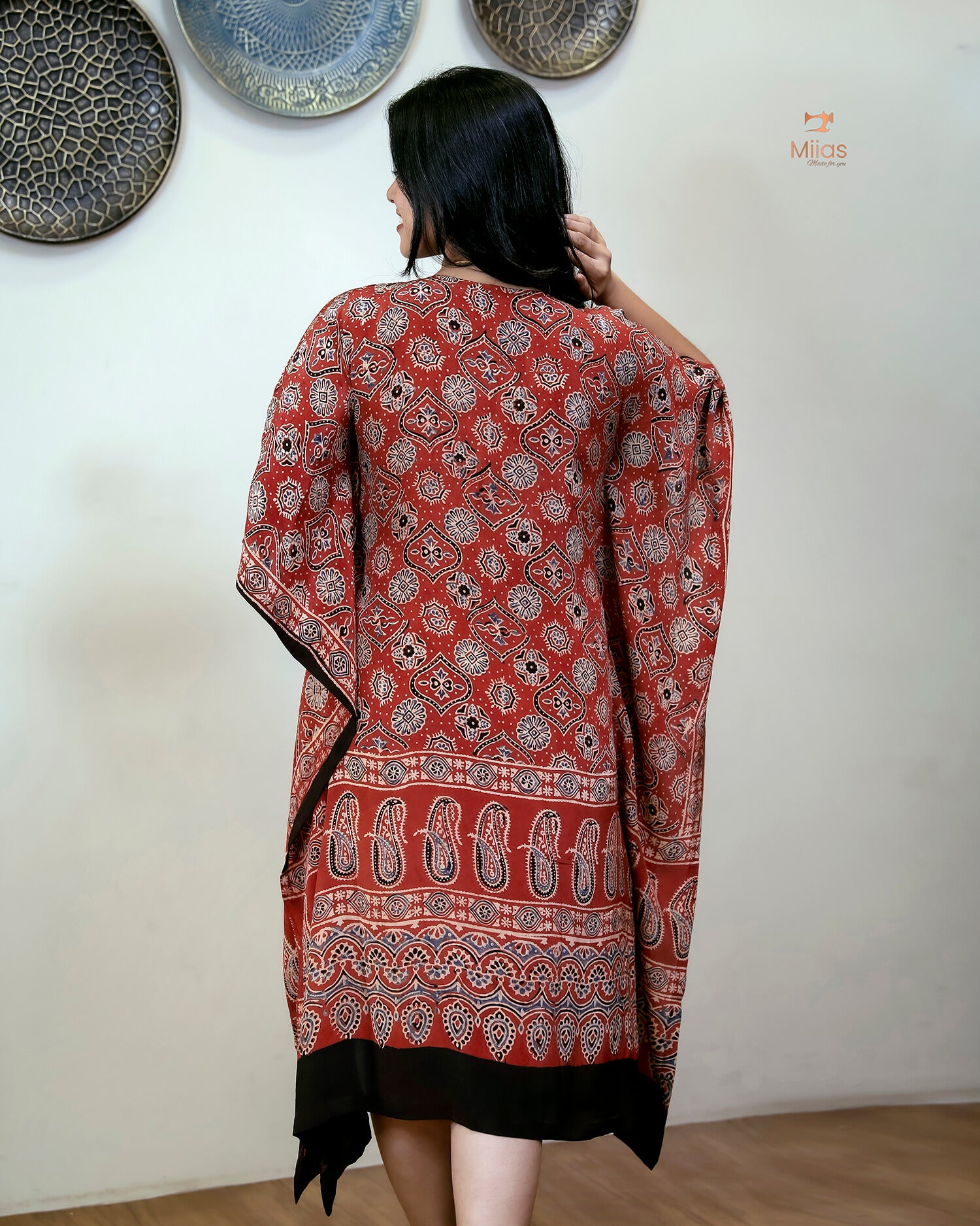 Modal Silk Kaftan with Bead & Mirror Work-Brick Red