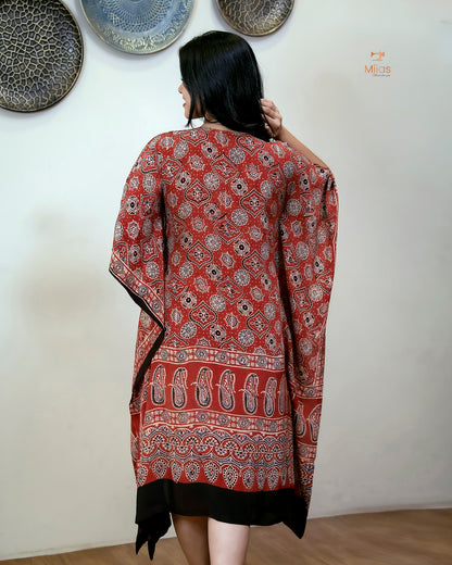 Modal Silk Kaftan with Bead & Mirror Work-Brick Red