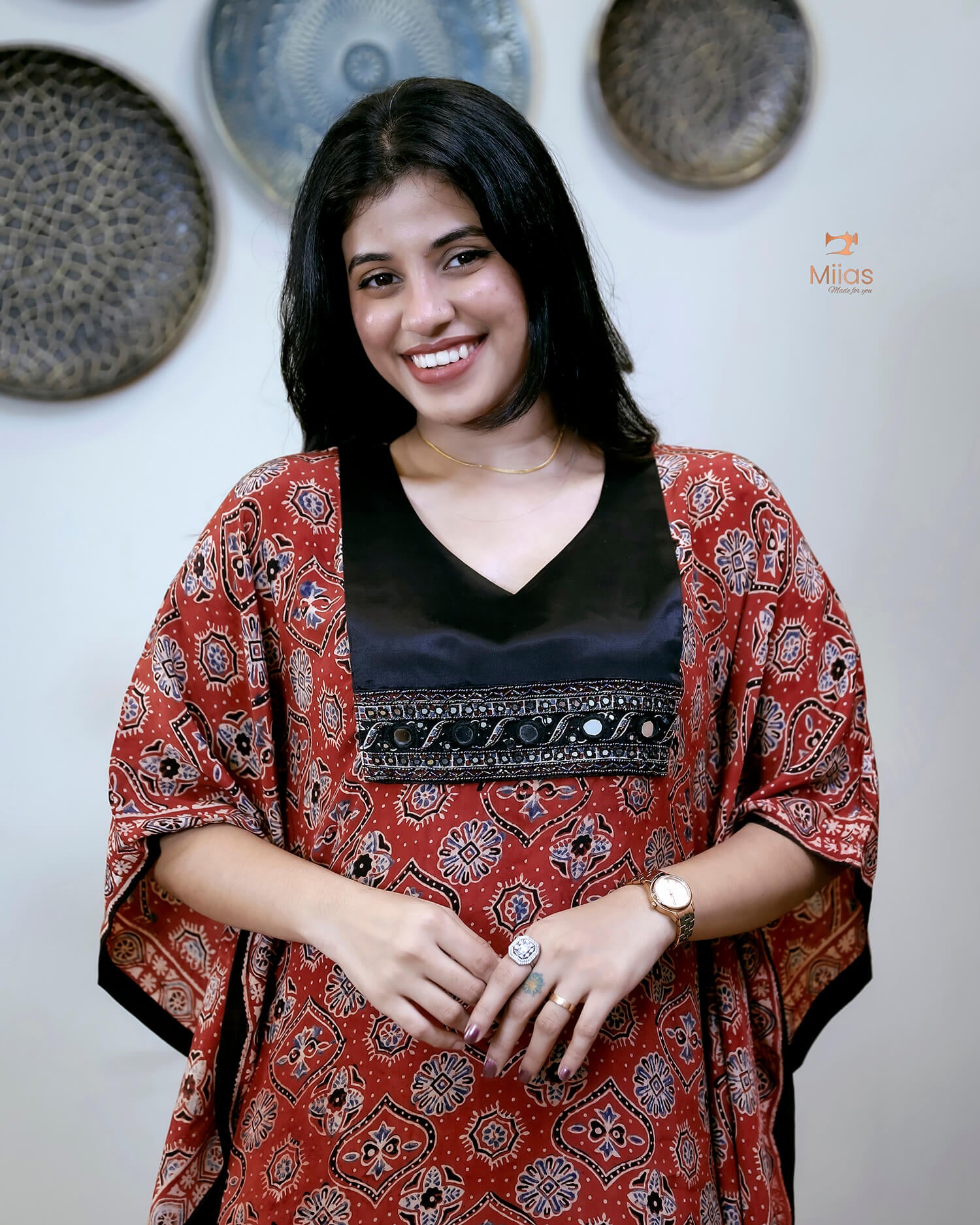 Modal Silk Kaftan with Bead & Mirror Work-Brick Red