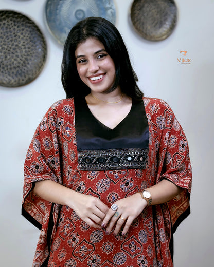 Modal Silk Kaftan with Bead & Mirror Work-Brick Red