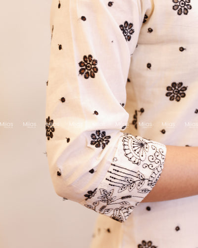 Kora Cotton Dress Kurti | Thread Work + Overlap V-Neck | Off-White