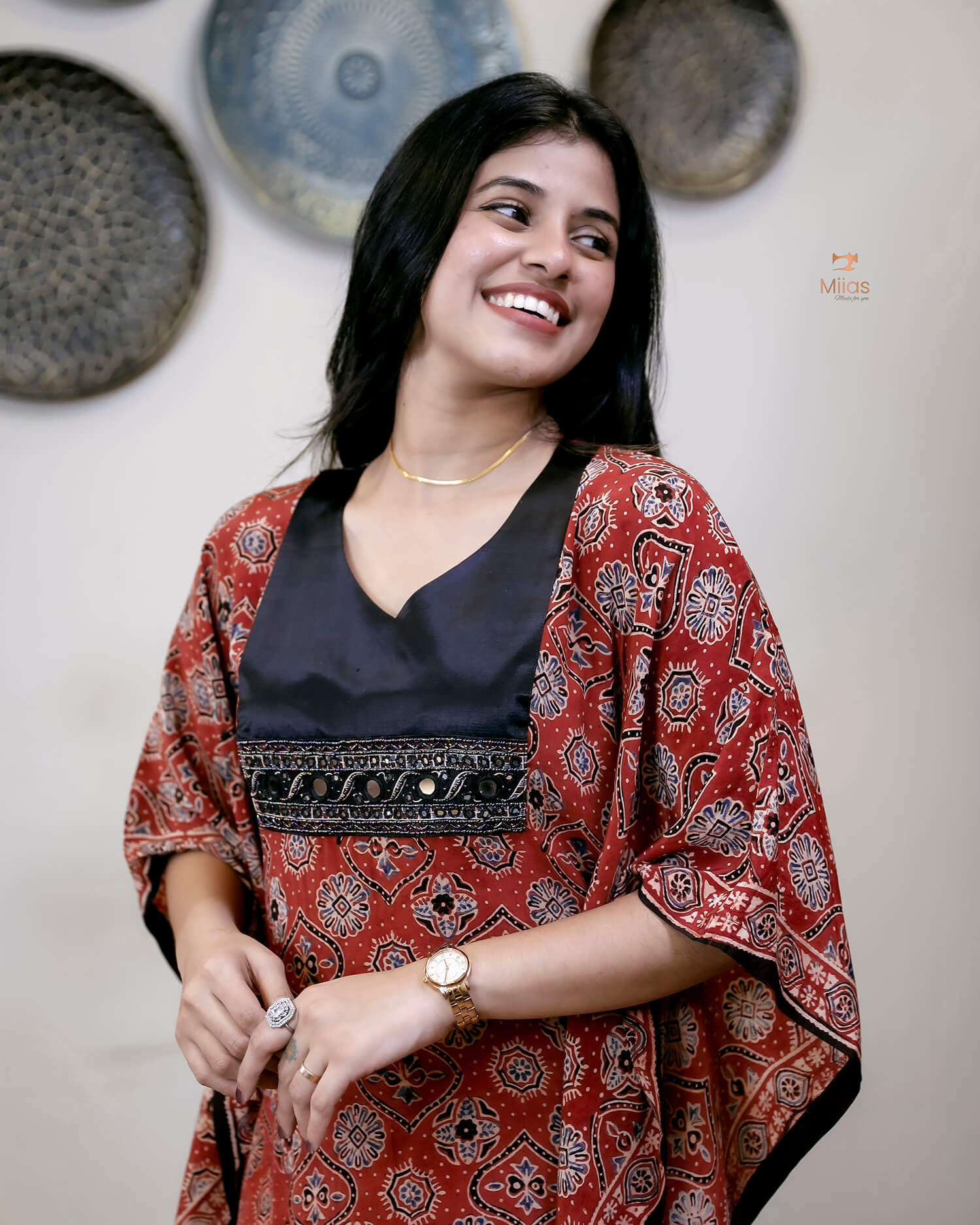 Modal Silk Kaftan with Bead & Mirror Work-Brick Red