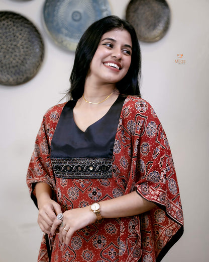 Modal Silk Kaftan with Bead & Mirror Work-Brick Red