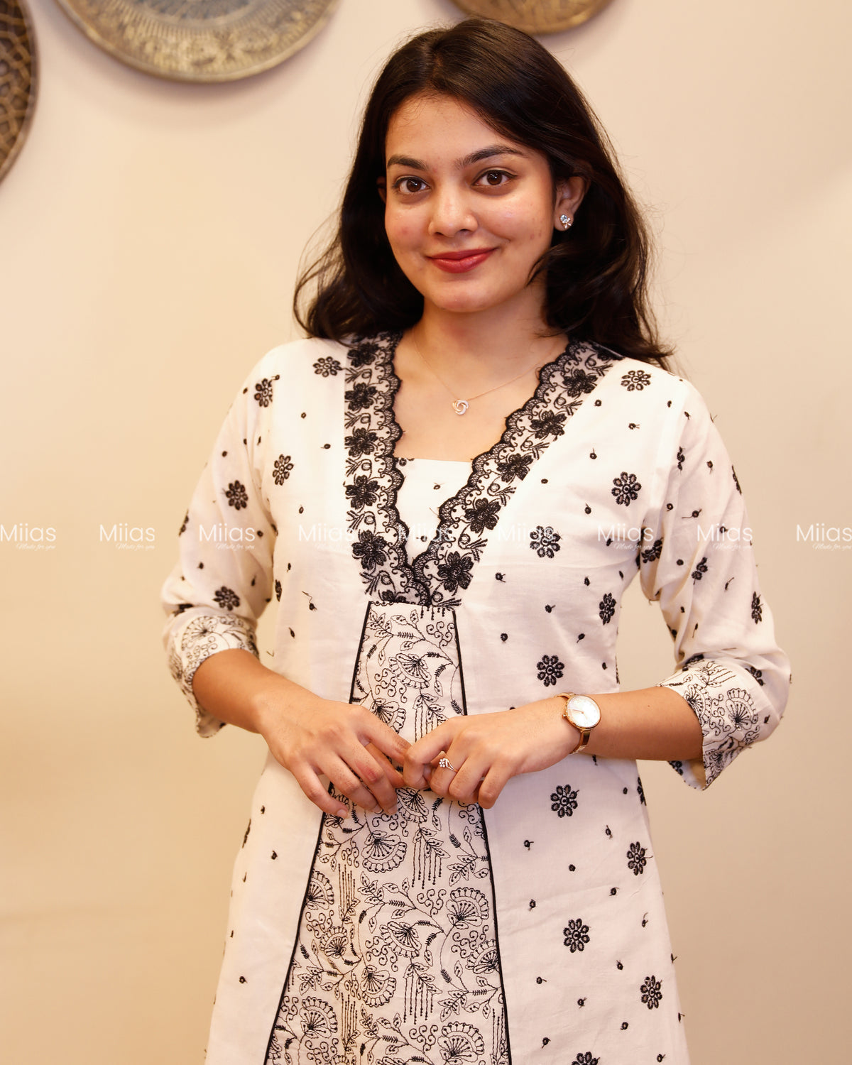Kora Cotton Dress Kurti | Thread Work + Overlap V-Neck | Off-White