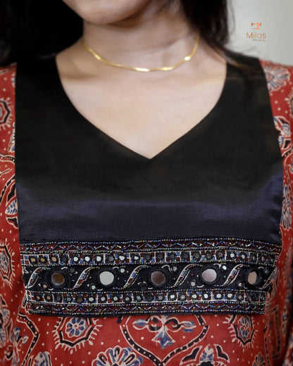 Modal Silk Kaftan with Bead & Mirror Work-Brick Red