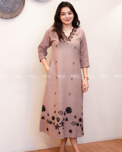 Kora Cotton A-Line Kurti | Embroidered V-Neck + Pocket | Chocolate