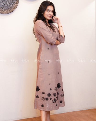 Kora Cotton A-Line Kurti | Embroidered V-Neck + Pocket | Chocolate