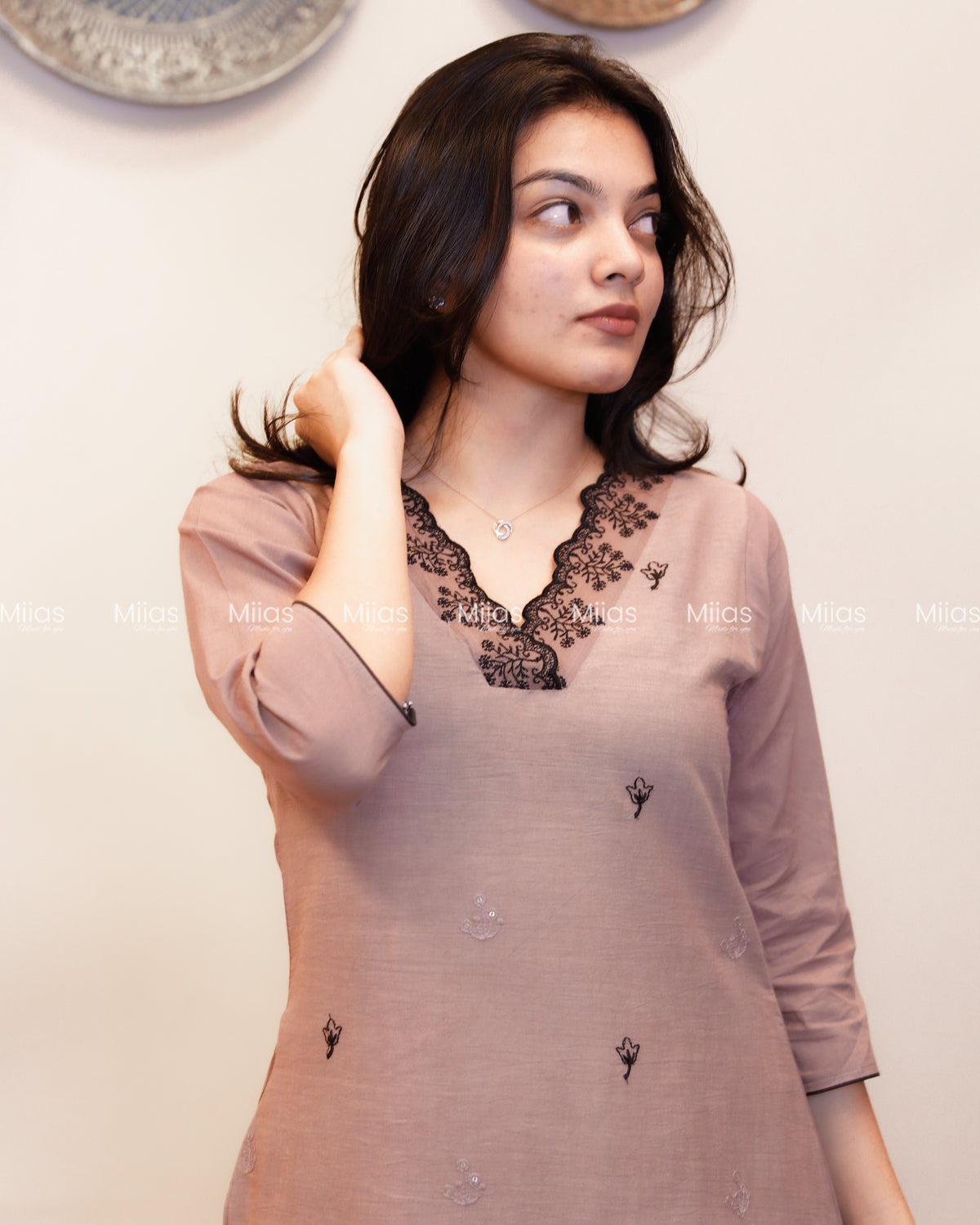 Kora Cotton A-Line Kurti | Embroidered V-Neck + Pocket | Chocolate