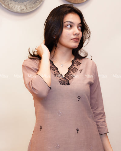 Kora Cotton A-Line Kurti | Embroidered V-Neck + Pocket | Chocolate