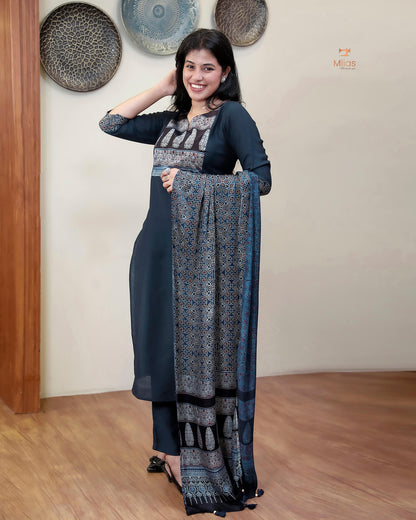 Spun Silk Top & Bottom Set with Modal Silk Dupatta-Navy Blue