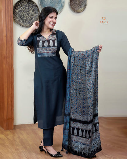 Spun Silk Top & Bottom Set with Modal Silk Dupatta-Navy Blue
