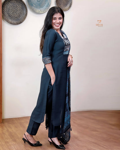 Spun Silk Top & Bottom Set with Modal Silk Dupatta-Navy Blue