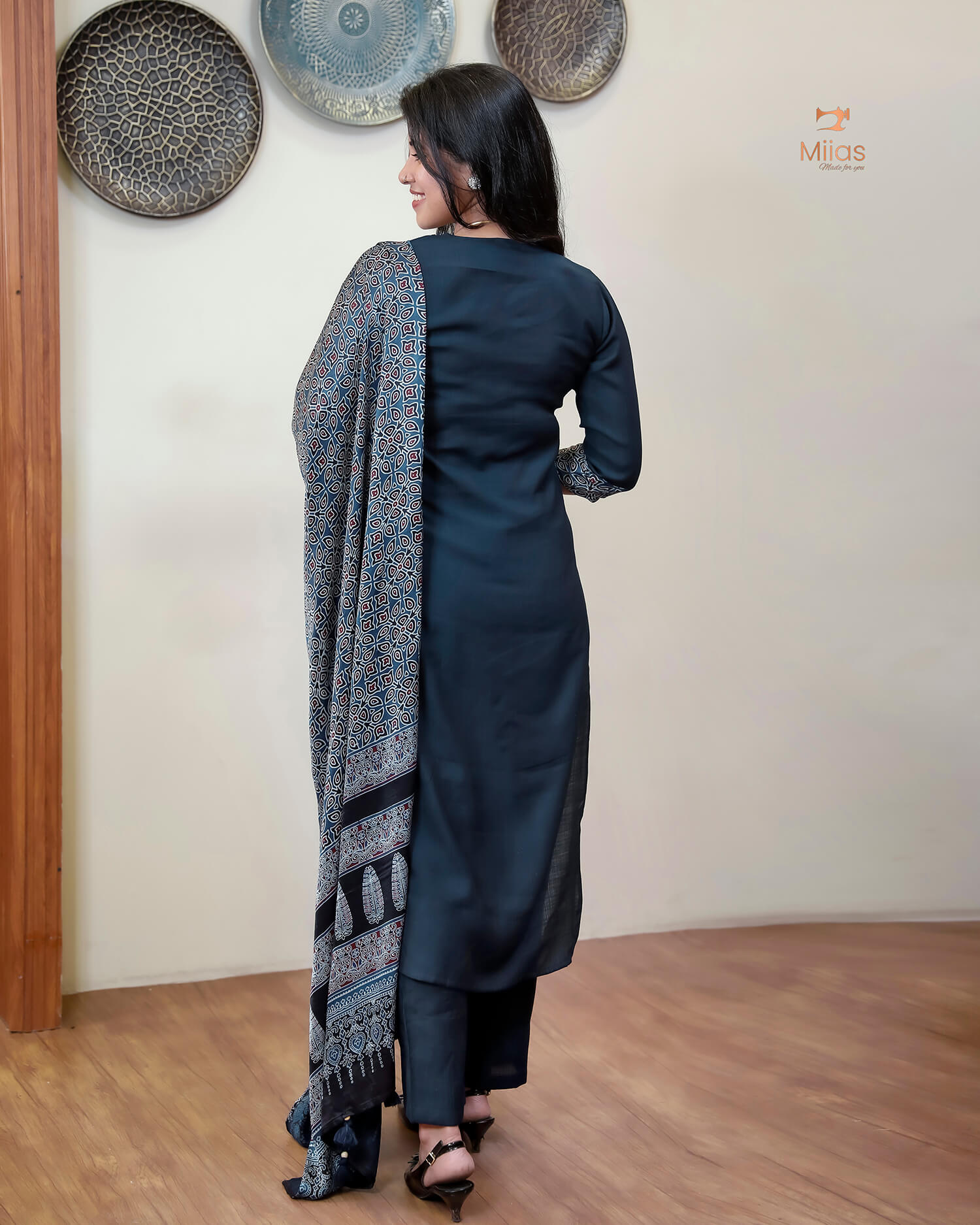 Spun Silk Top & Bottom Set with Modal Silk Dupatta-Navy Blue
