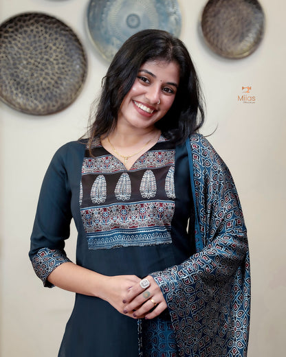 Spun Silk Top & Bottom Set with Modal Silk Dupatta-Navy Blue