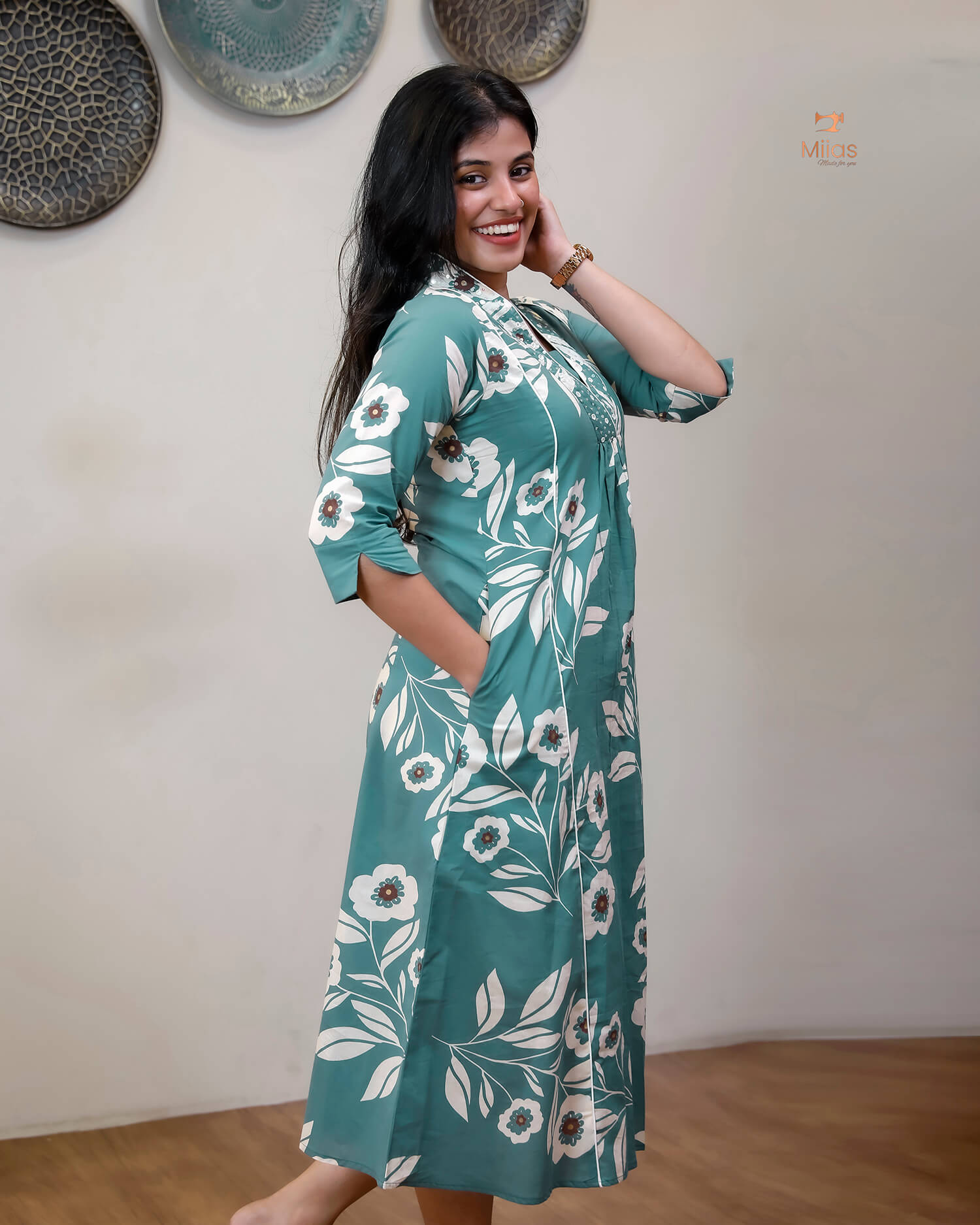 South Cotton Kurti with Mirrors, Sequins & Pocket-Aqua Green