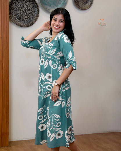 South Cotton Kurti with Mirrors, Sequins & Pocket-Aqua Green