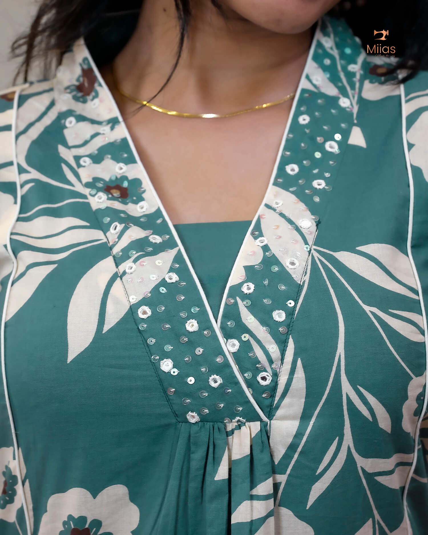 South Cotton Kurti with Mirrors, Sequins & Pocket-Aqua Green