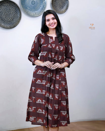 Cotton Ajrakh Kurti Pleated Front | Side Pocket | Burgundy