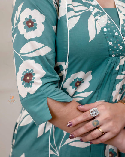 South Cotton Kurti with Mirrors, Sequins & Pocket-Aqua Green