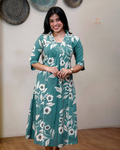South Cotton Kurti with Mirrors, Sequins & Pocket-Aqua Green