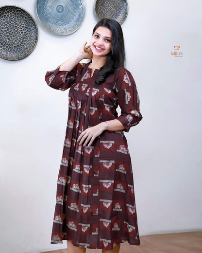 Cotton Ajrakh Kurti Pleated Front | Side Pocket | Burgundy