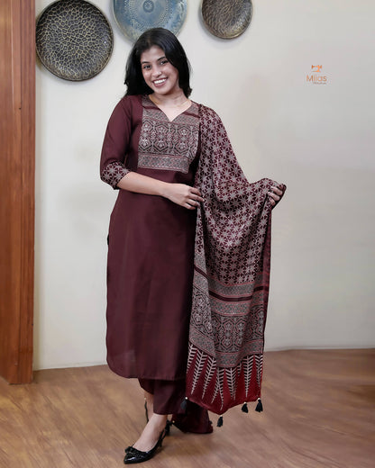 Spun Silk Top & Bottom Set with Modal Silk Dupatta-Maroon