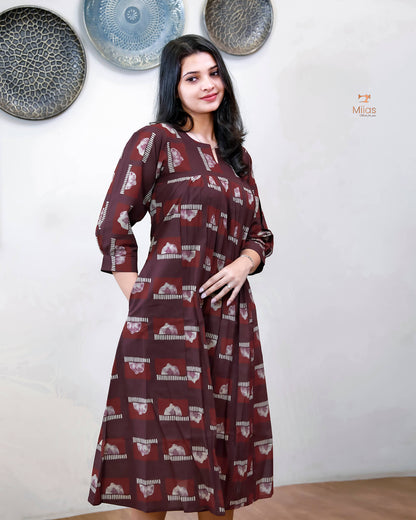 Cotton Ajrakh Kurti Pleated Front | Side Pocket | Burgundy